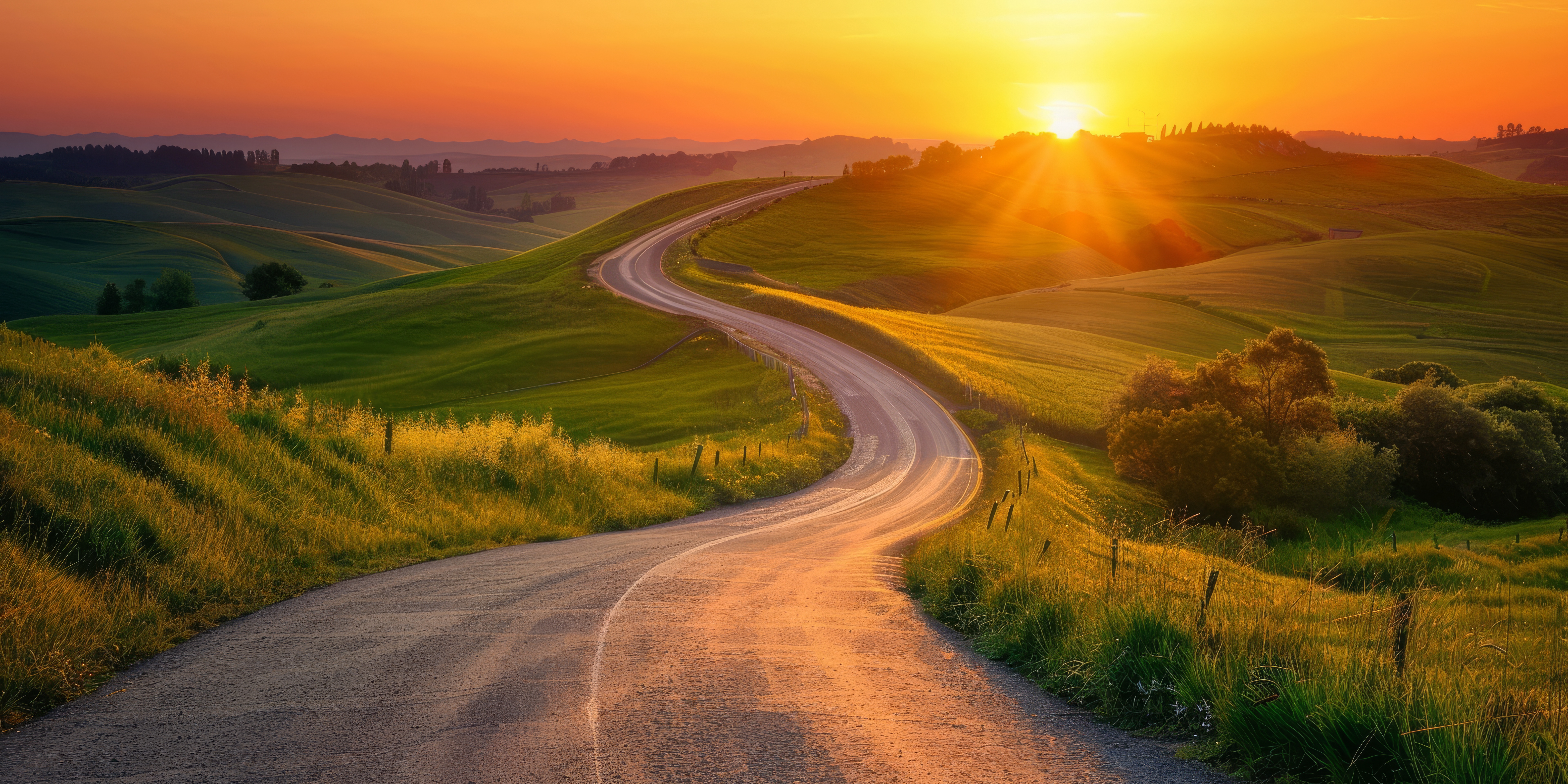 Camino curvado al atardecer hacia el horizonte