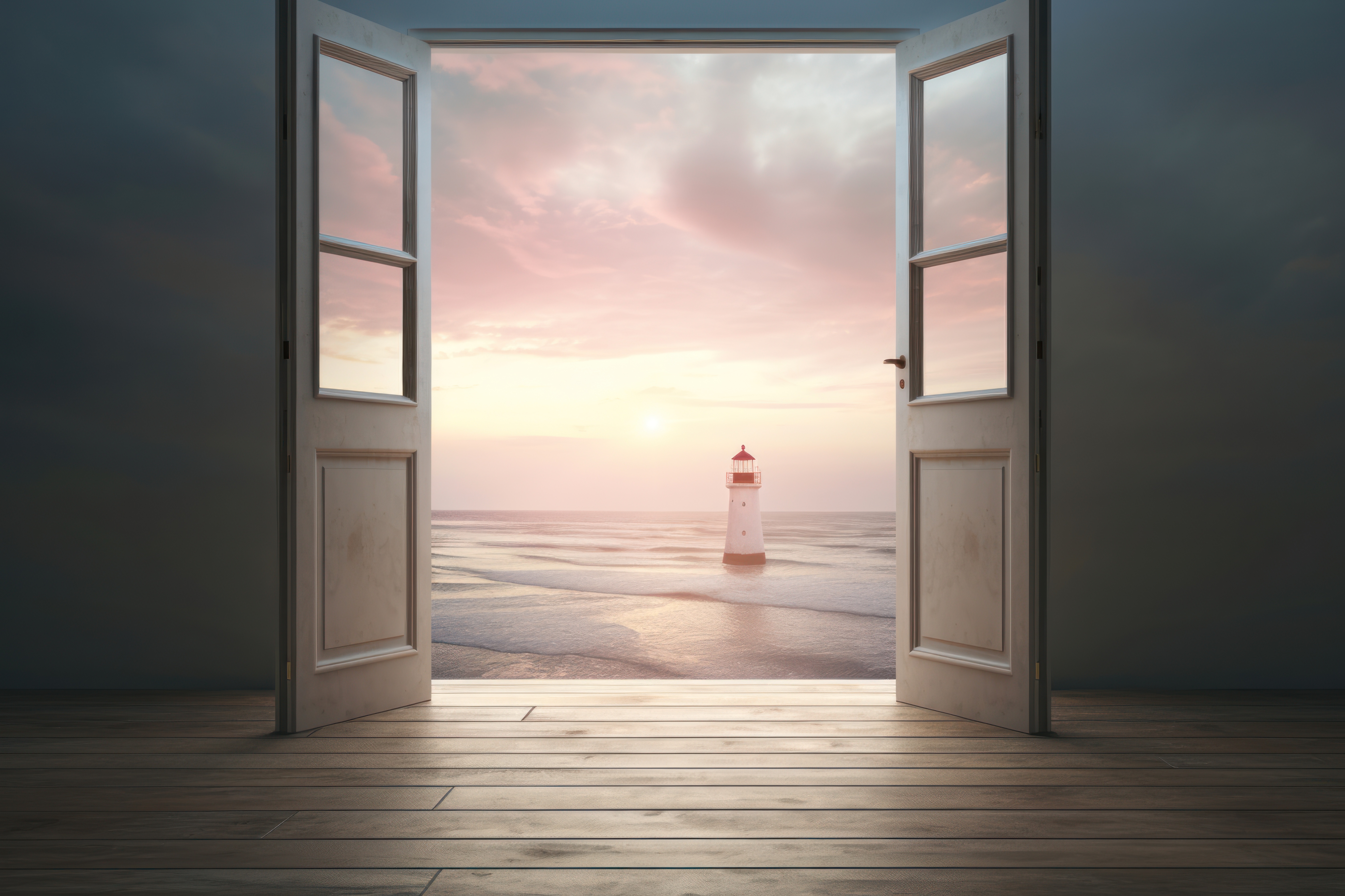 Puertas abiertas con vista a un faro sobre el mar