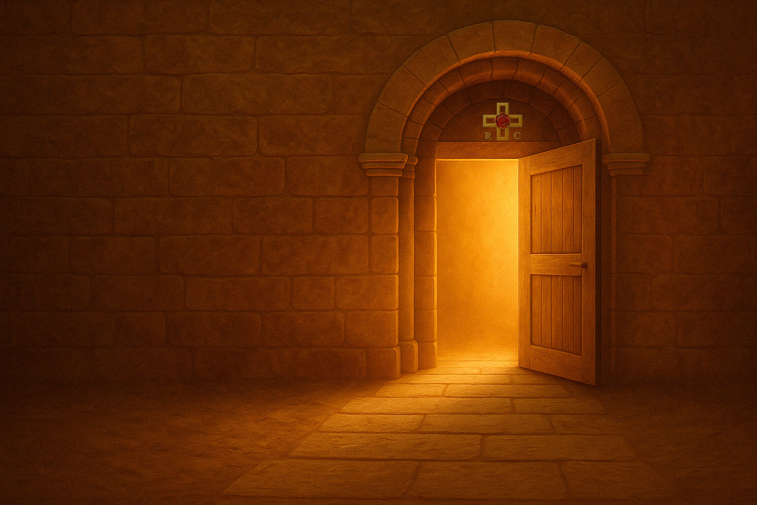 Puerta de arco en piedra iluminada desde dentro