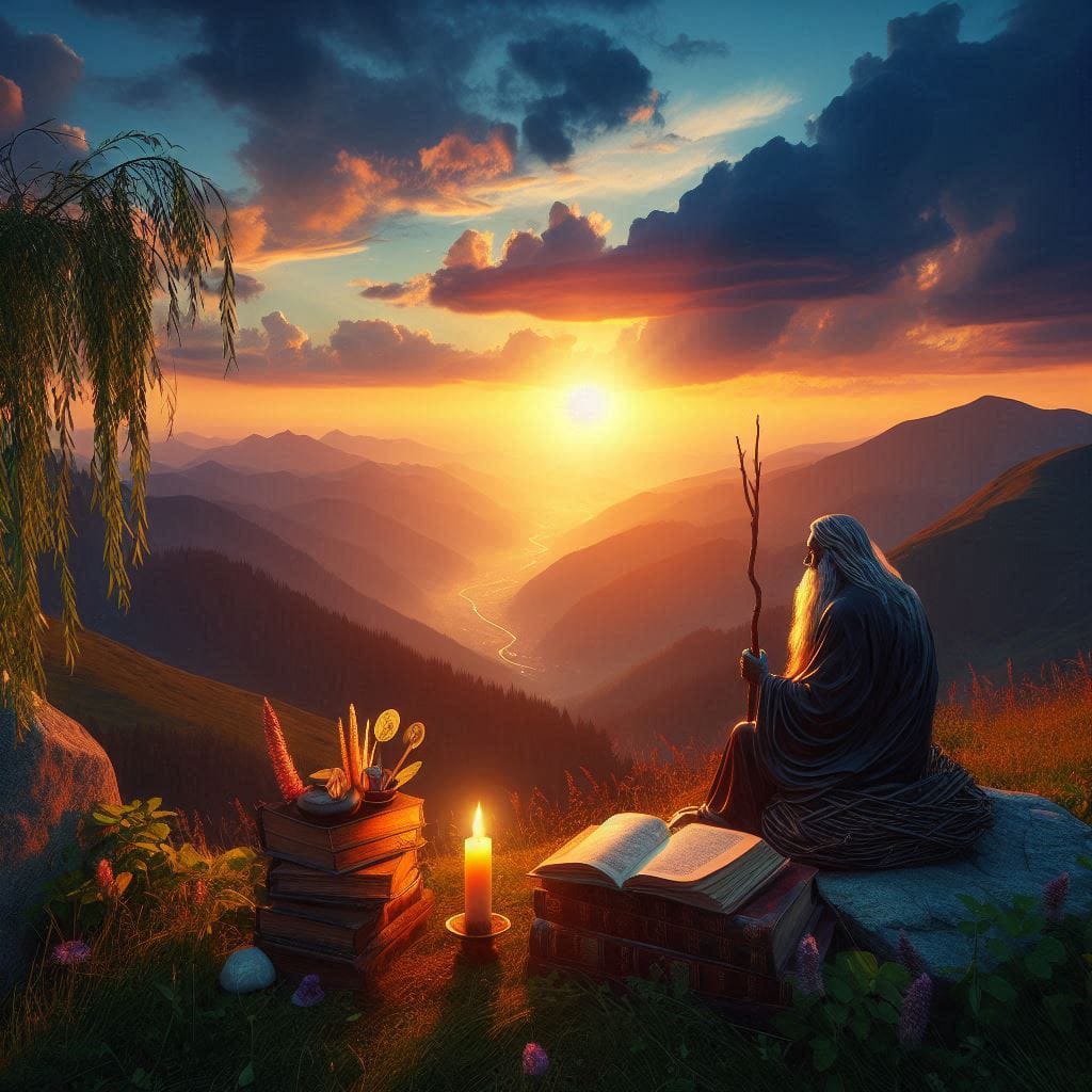 Paisaje al amanecer con persona meditando junto a un fuego