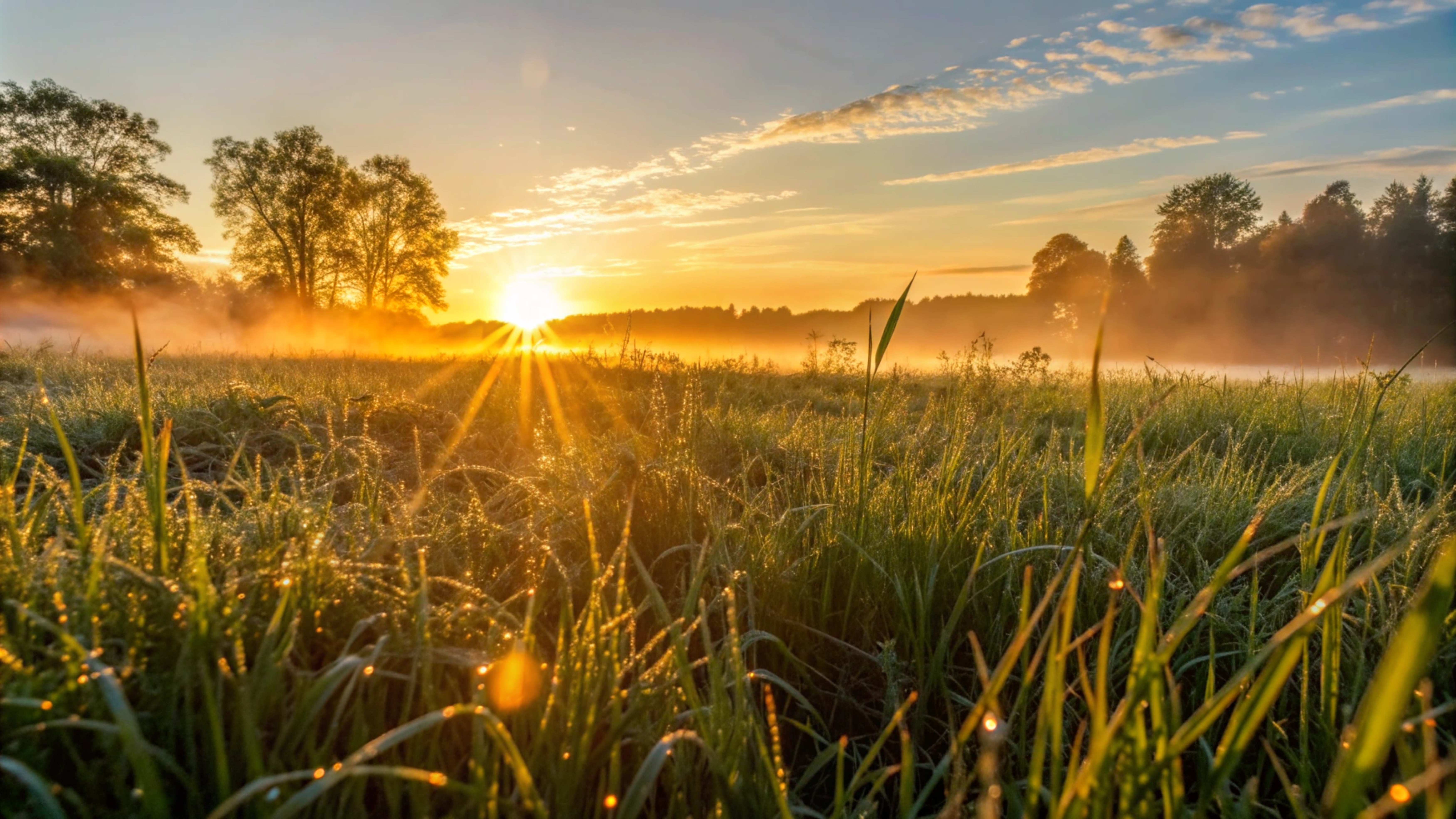 El sol saliendo sobre un campo cubierto de niebla con hierba cubierta de rocío