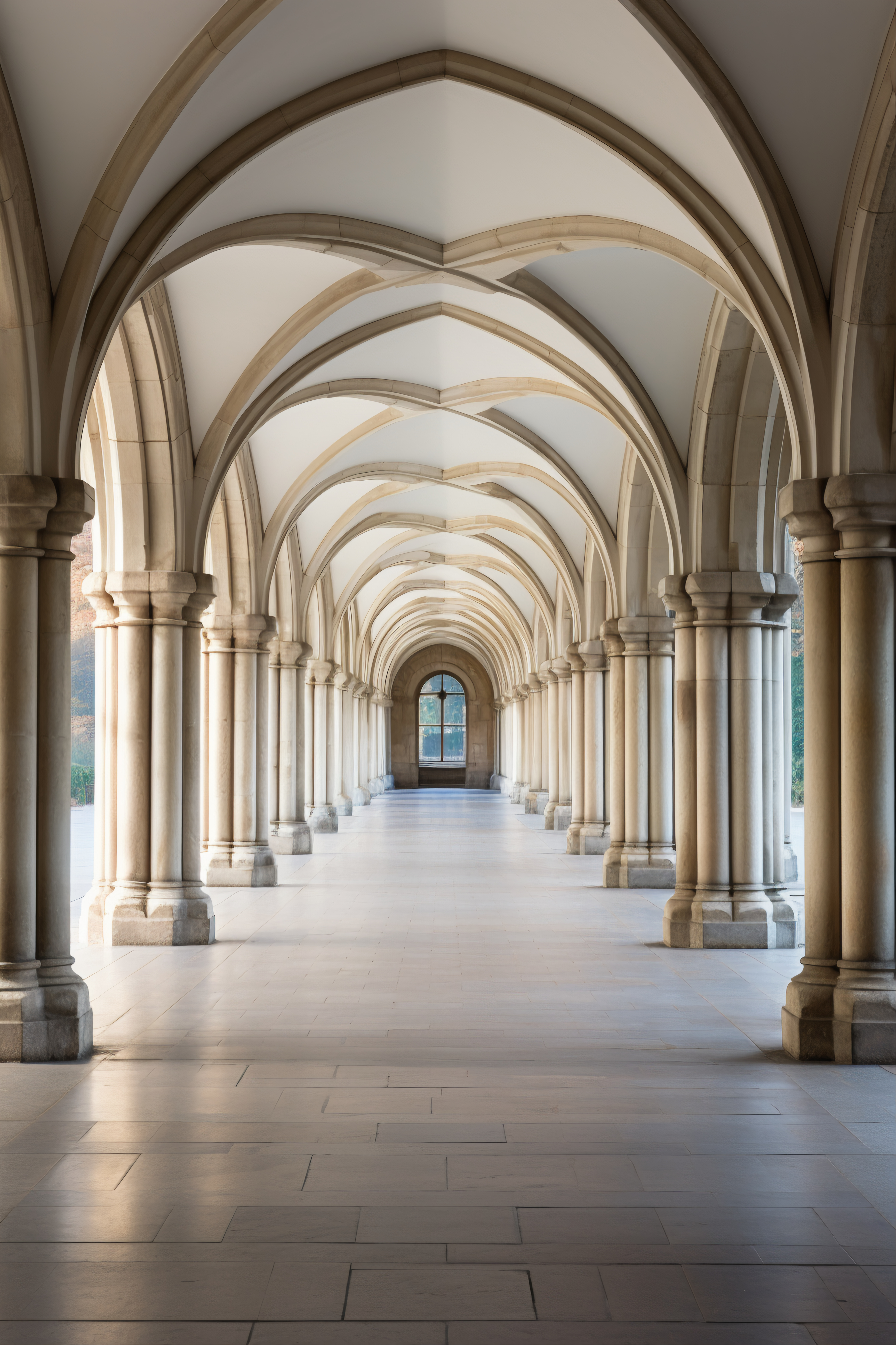 Vista simétrica de un pasillo de claustro con columnas y arcos góticos de piedra