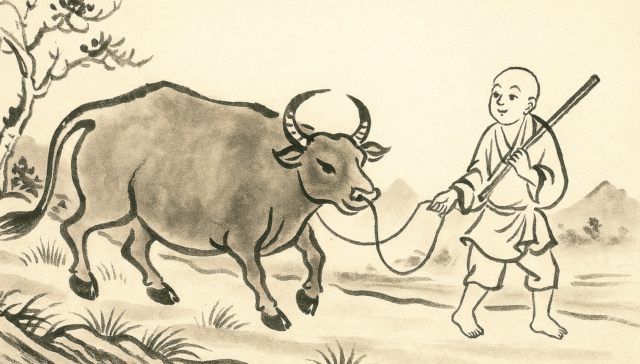 Ilustración en tinta de un monje guiando un toro, etapa de los Diez Toros del Zen