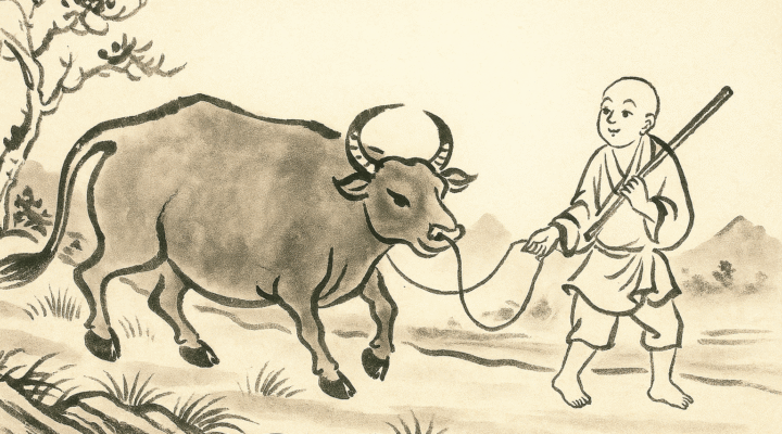 Ilustración en tinta de un monje guiando un toro, etapa de los Diez Toros del Zen