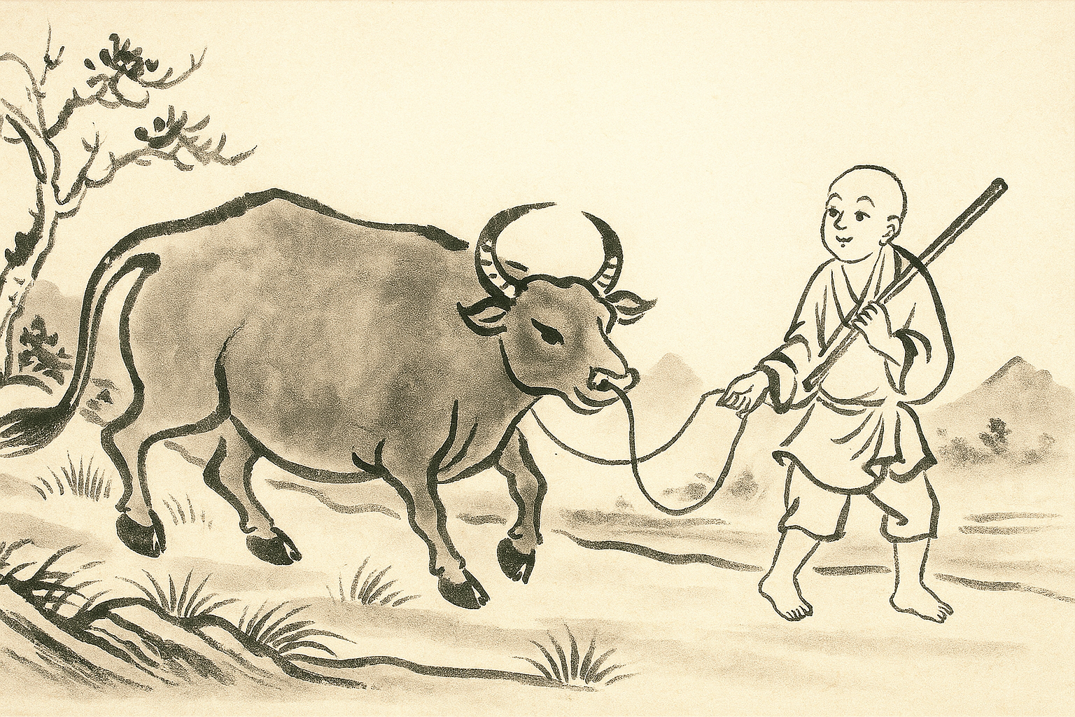 Ilustración en tinta de un monje guiando un toro, etapa de los Diez Toros del Zen
