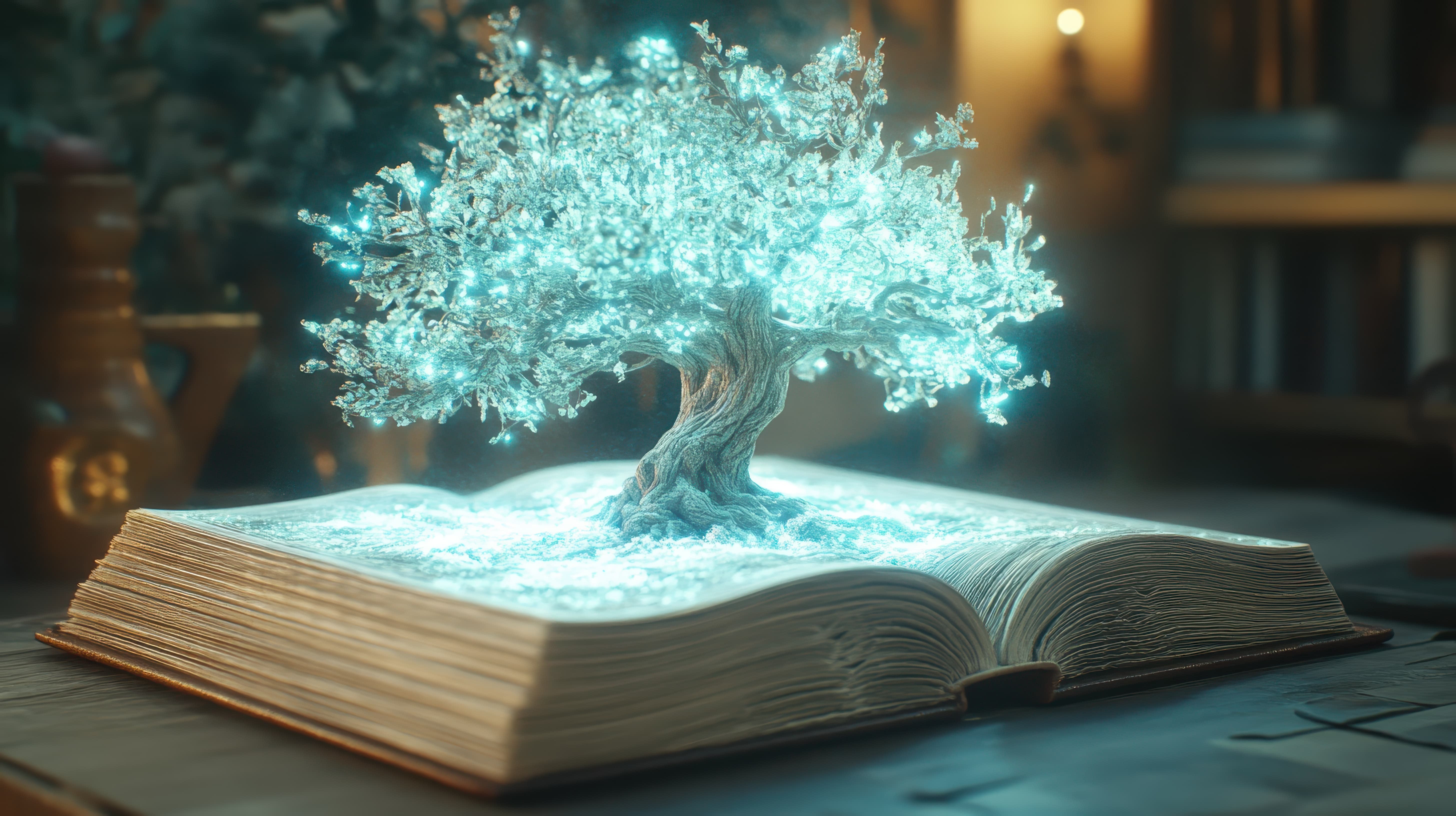 Imagen conceptual de un árbol de luz creciendo sobre un libro abierto, utilizada para ilustrar el cuento sobre un principio hermético.